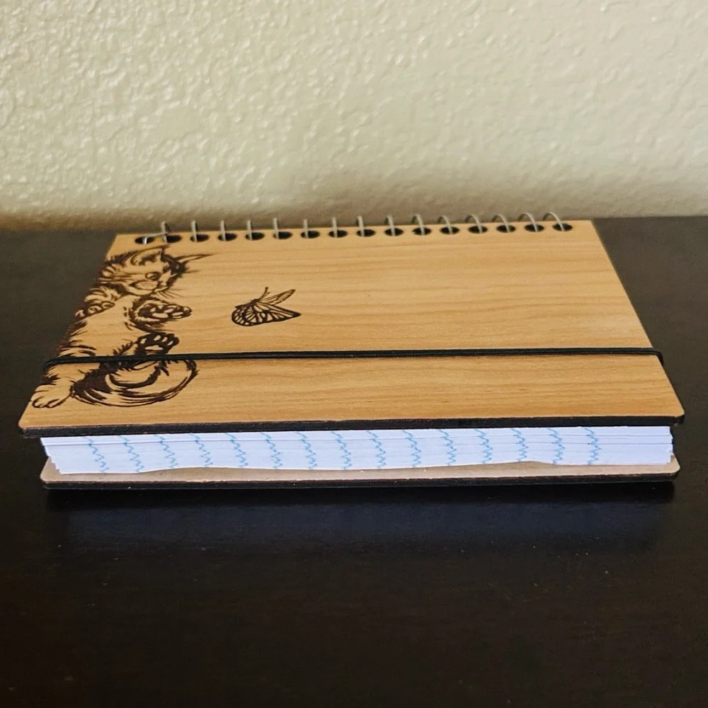 🦋 Kitten & Butterfly Wooden Artisan Handmade Notebook NWT